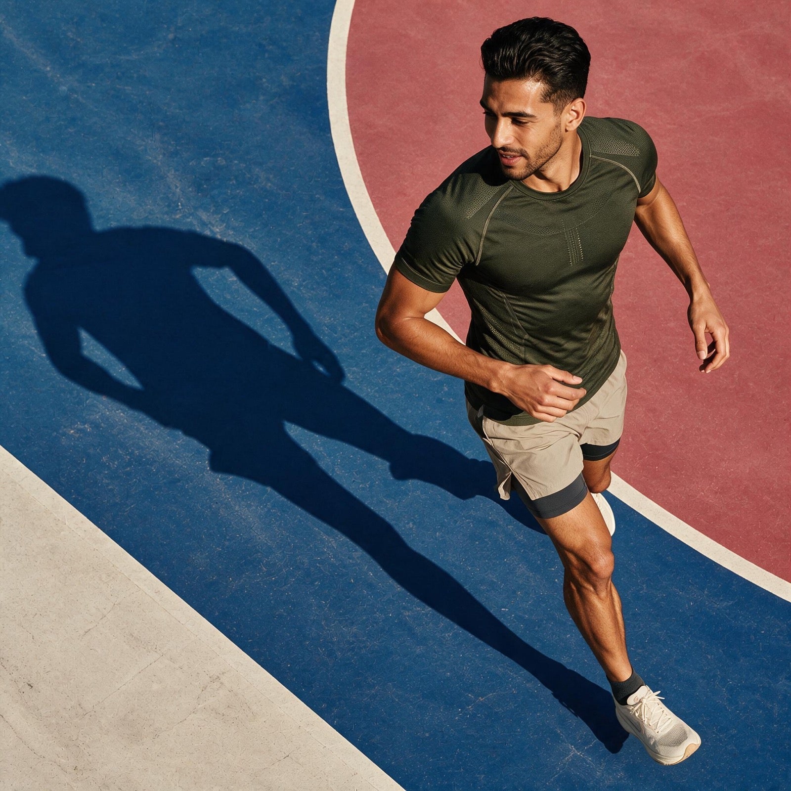 Premium Egyptian male athlete running on a graphic sports court