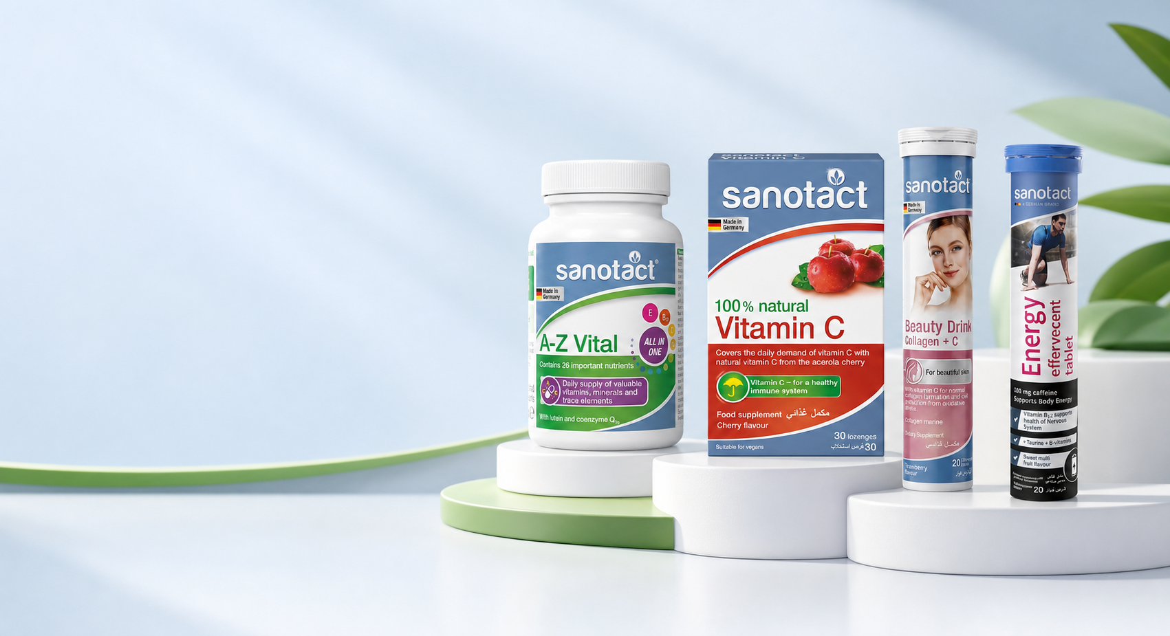 Sanotact EG product range including A-Z Vital, Vitamin C, Beauty Drink Collagen and Energy
